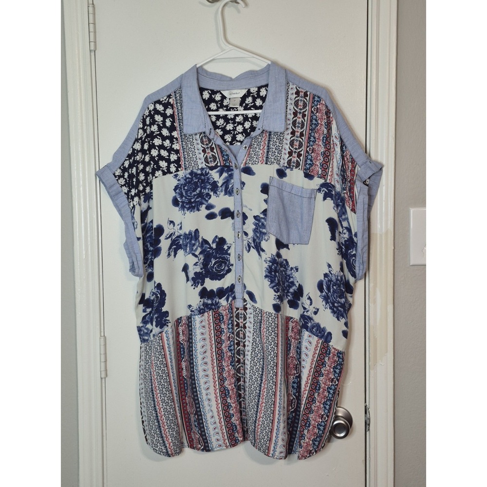 CJ Banks Shirt Women's Size 3X Blue White Patchwork Button Down Modest Coastal